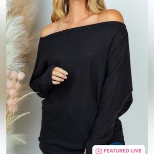 White Birch Black waffle knit off the shoulder top